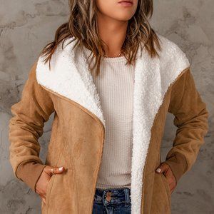 Faux Suede Sherpa Lining Jacket with Pockets,Large,Brown,NWT